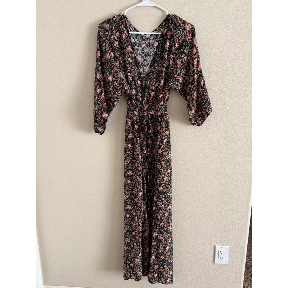 American Eagle Floral Maxi Dress Womens Large Black Pink Boho Kimono Long Sleev